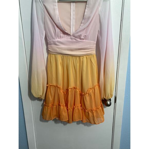 Petal & Pup Mini Dress XS Pink Orange Ombré Ruffled Balloon Sleeve Feminine - Picture 4 of 9